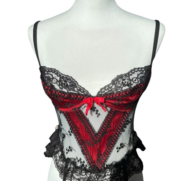 Vintage Nani Flower Lingerie Sz Small Red Black Satin Floral Lace Teddy Bustier - Picture 3 of 12